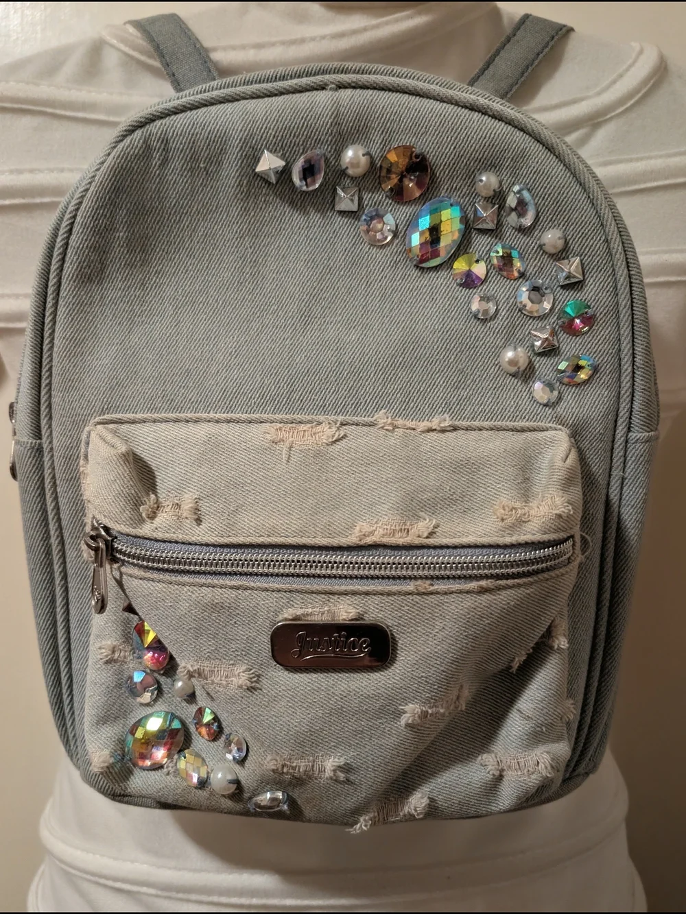 Justice Light Denim Distressed Jeweled Mini Backpack